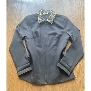 Black Vintage Y2K Zip Jacket with Leopard Print Collar Size M